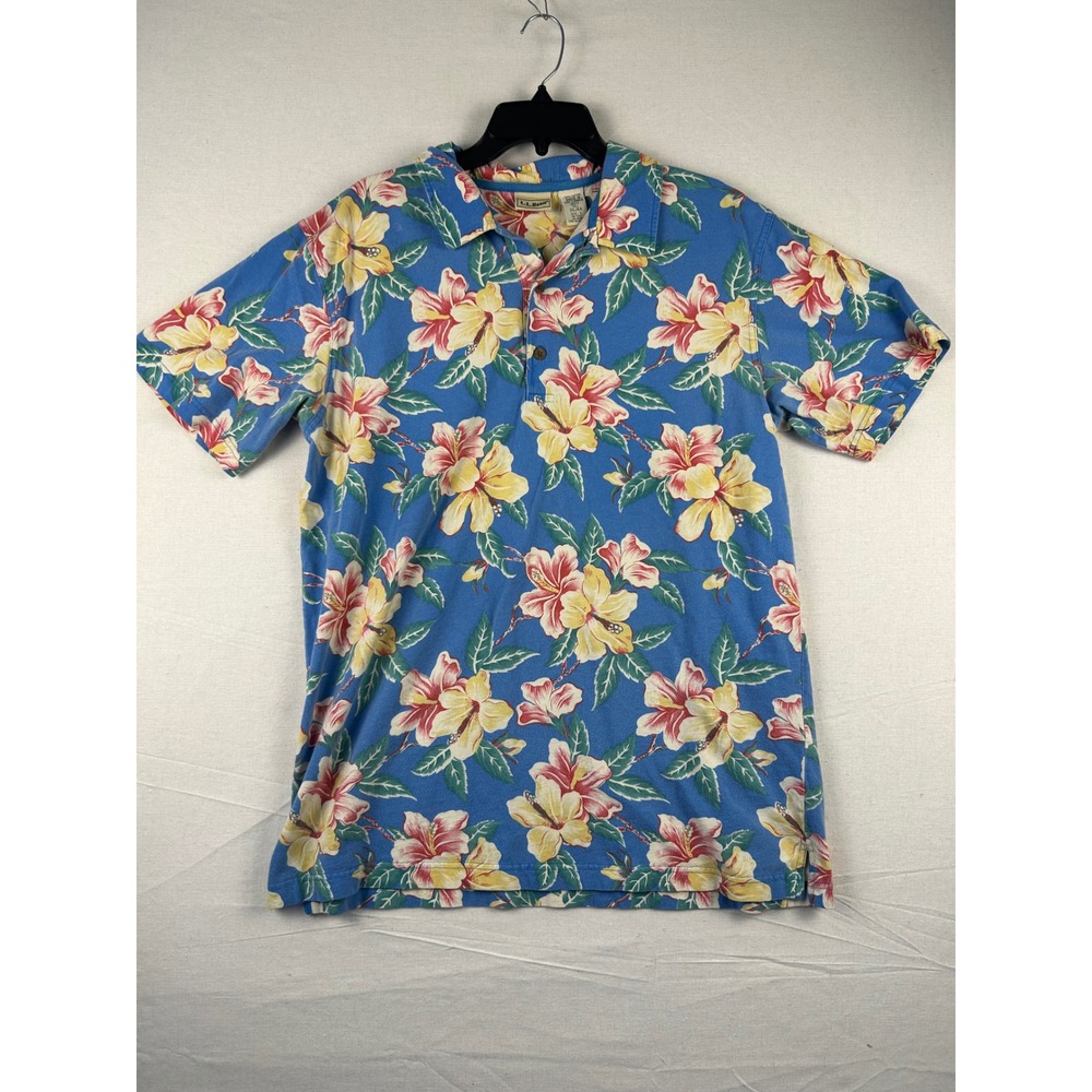 LL Bean Mens L Tall Blue Hibiscus Floral Cotton Polo Shirt Short Sleeve 0GJ44